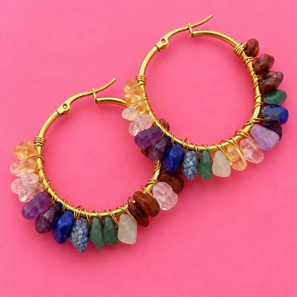 Golden Hoop Earrings with Multicolor Stones – Fashion Jewelry